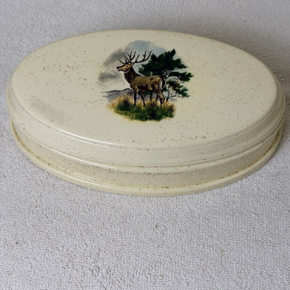 Atlantic Mold 1982 Buck Deer  Oval Ceramic Dish/Lid Keepsake Box Trinket